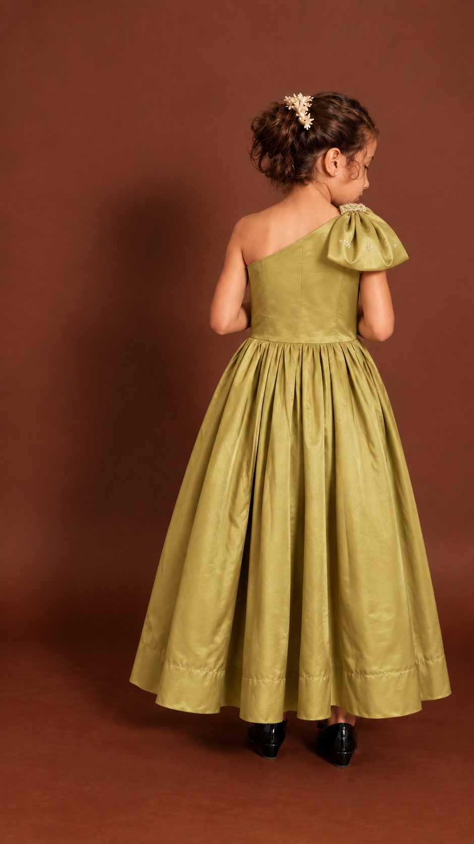 Back view of Olive Gold Satin Gown
